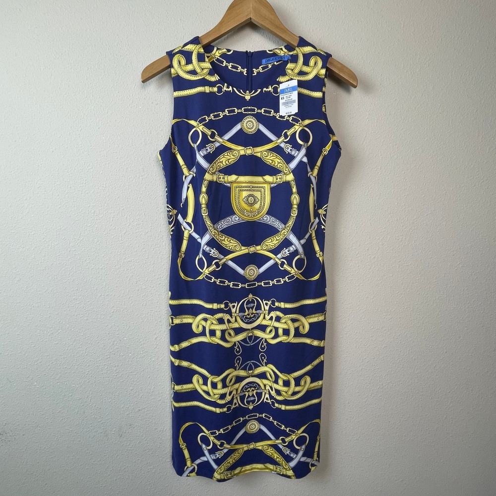 J.McLaughlin Sophia Dress Womens XS Navy Gold New Equestrian Chain Print Sheath‎